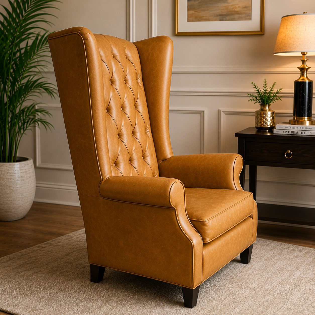 ufted High Back Accent Chair with Rolled Arms | Tan Leather Upholstered Reading Chair