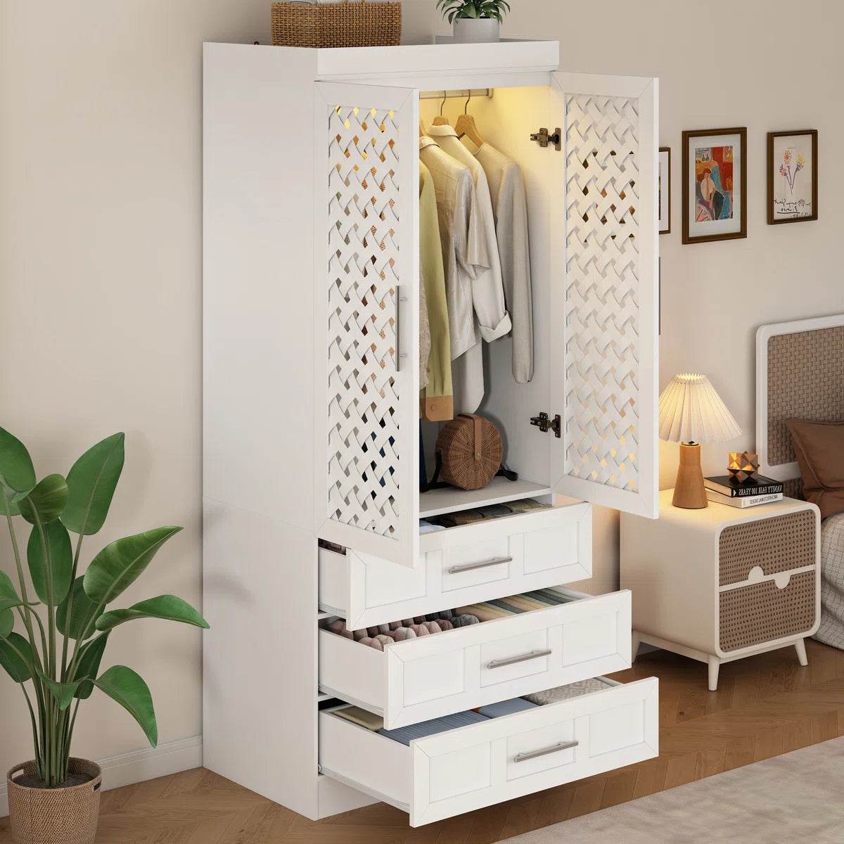 75.6''H Armoire Wardrobe With Sensor Light, 3 Hand-Made Woven Rattan Doors, Hanging Rod And 3 Drawers