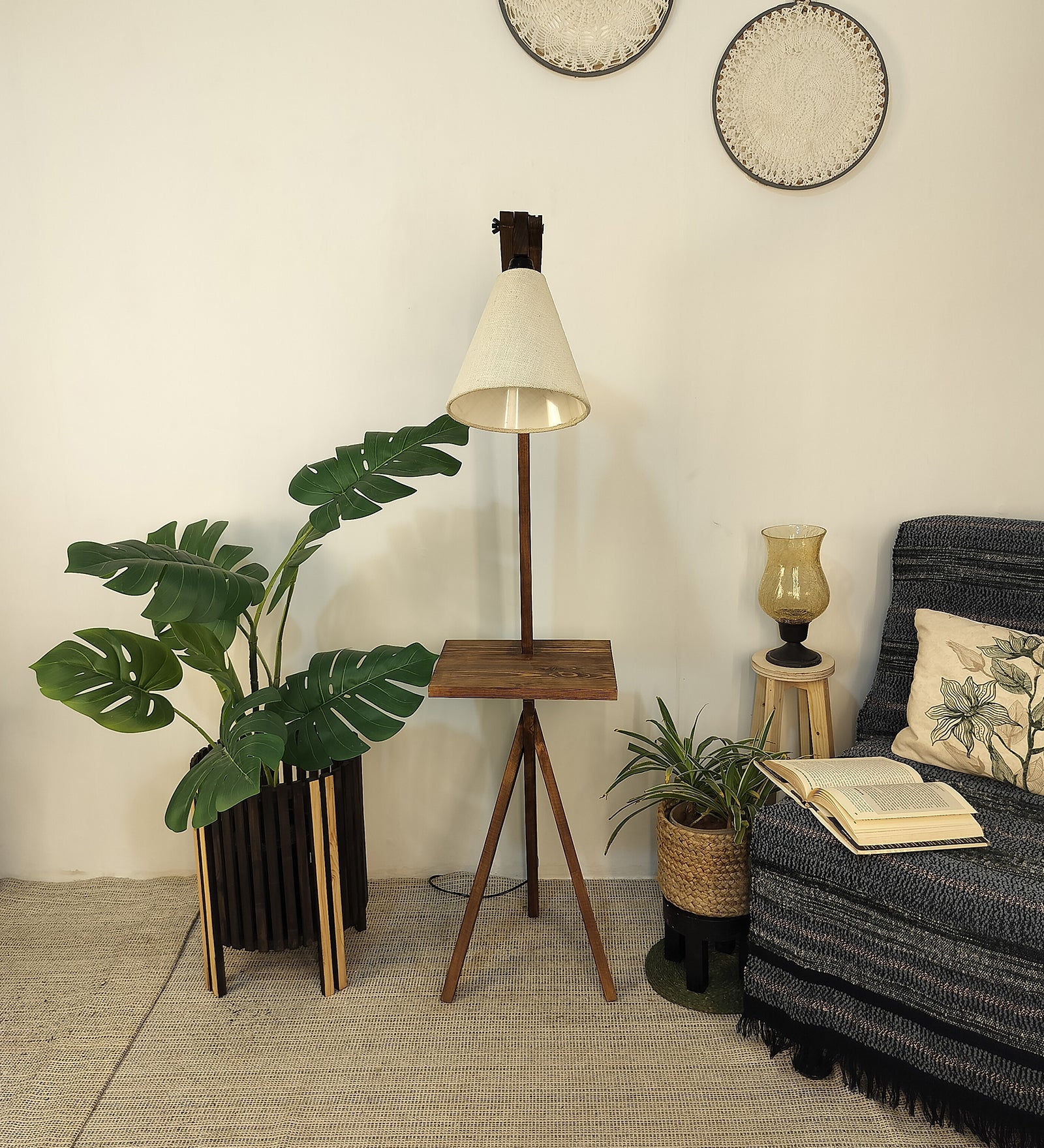 Hubert Wooden Floor Lamp with Brown Base and Jute Fabric Lampshade (BULB NOT INCLUDED)