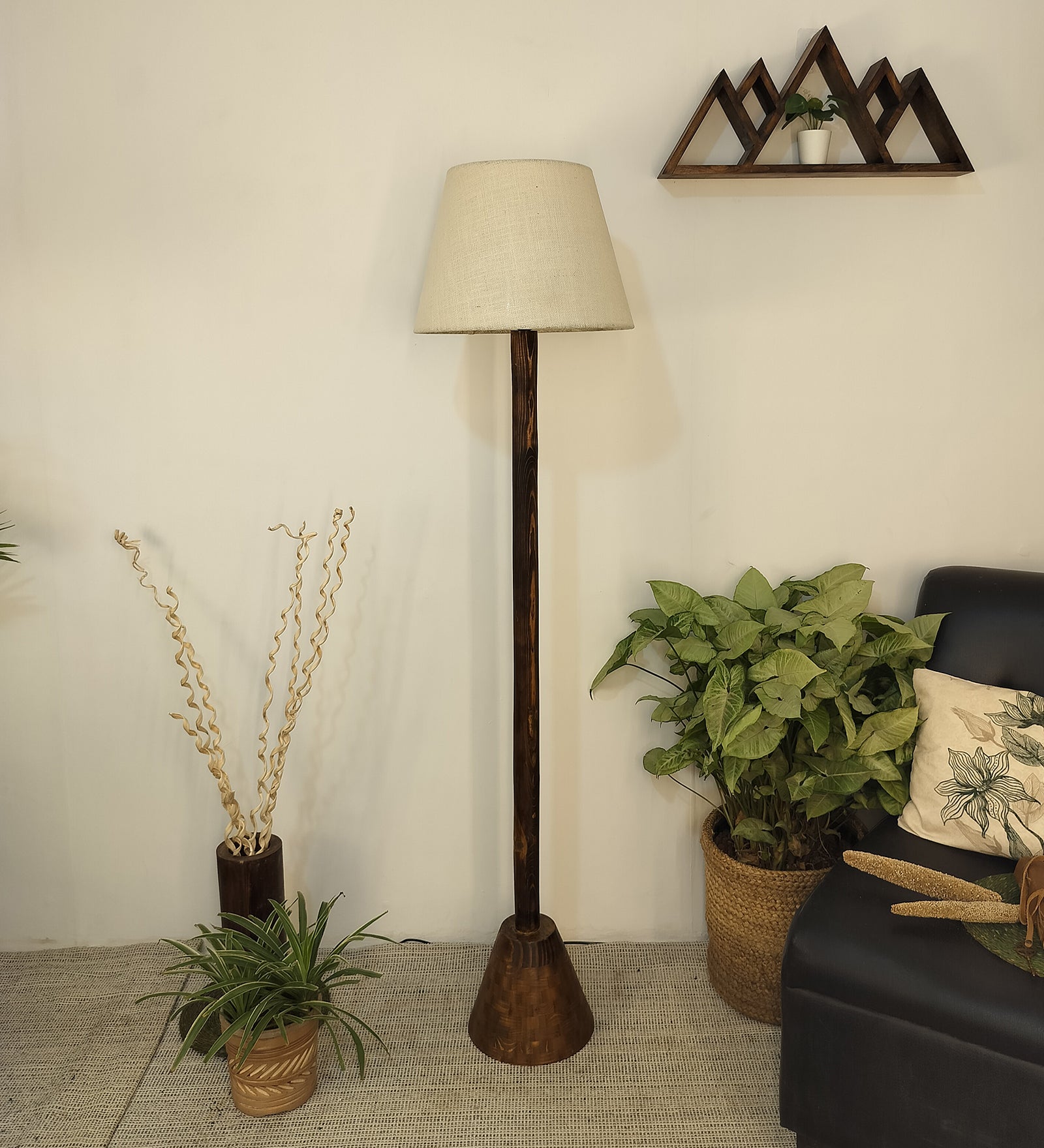 Camille Wooden Floor Lamp with Brown Base and Jute Fabric Lampshade (BULB NOT INCLUDED)