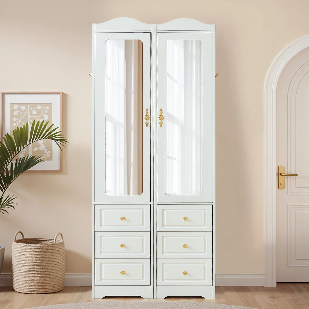Large Armoire Wardrobe Closet 6 Drawers 2 Mirrors Hanging Rod with Sensor Lights-OUCH CART | Wardrobe 