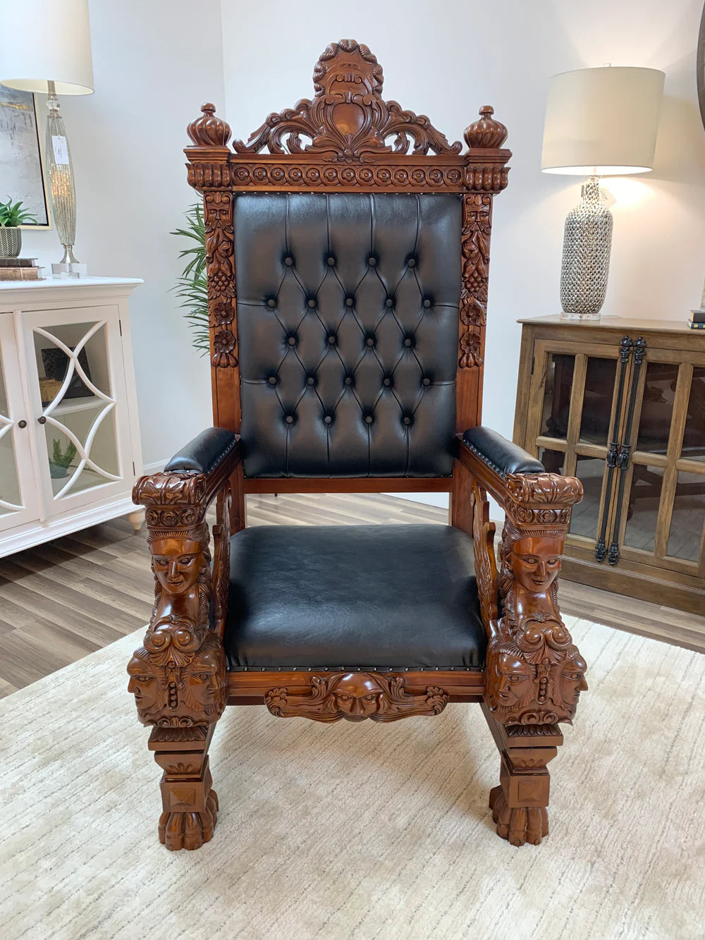 Kristofer 39" Mahogany & Tufted Top Grain Leather Throne Chair