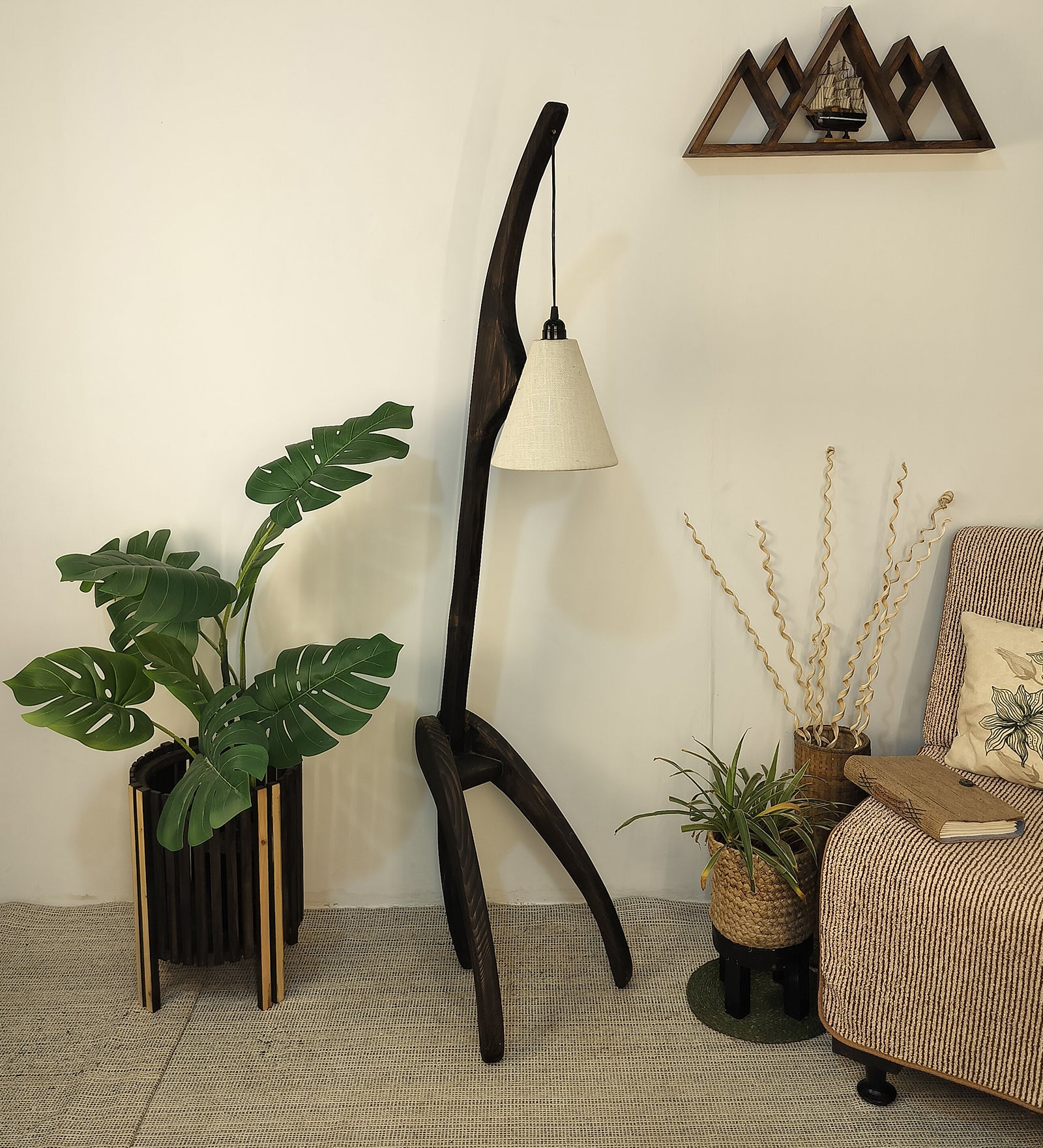 Species Wooden Floor Lamp with Brown Base and Jute Fabric Lampshade (BULB NOT INCLUDED)