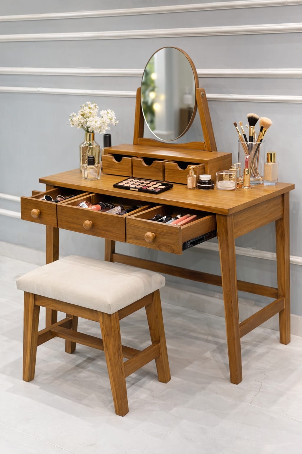 Classic 6-Drawer Vanity Set with Tilt Mirror & Upholstered Stool