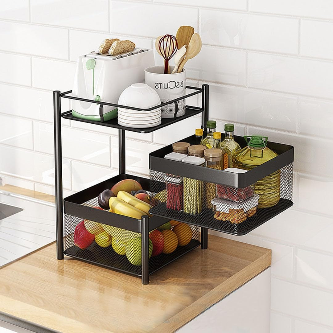 Kitchen Trolley Kitchen Organizer Items And kitchen accessories items for Kitchen Storage Rack Square Design Fruits & Vegetable Onion Cutlery ,Jars Container Kitchen Trolley with Wheels Black