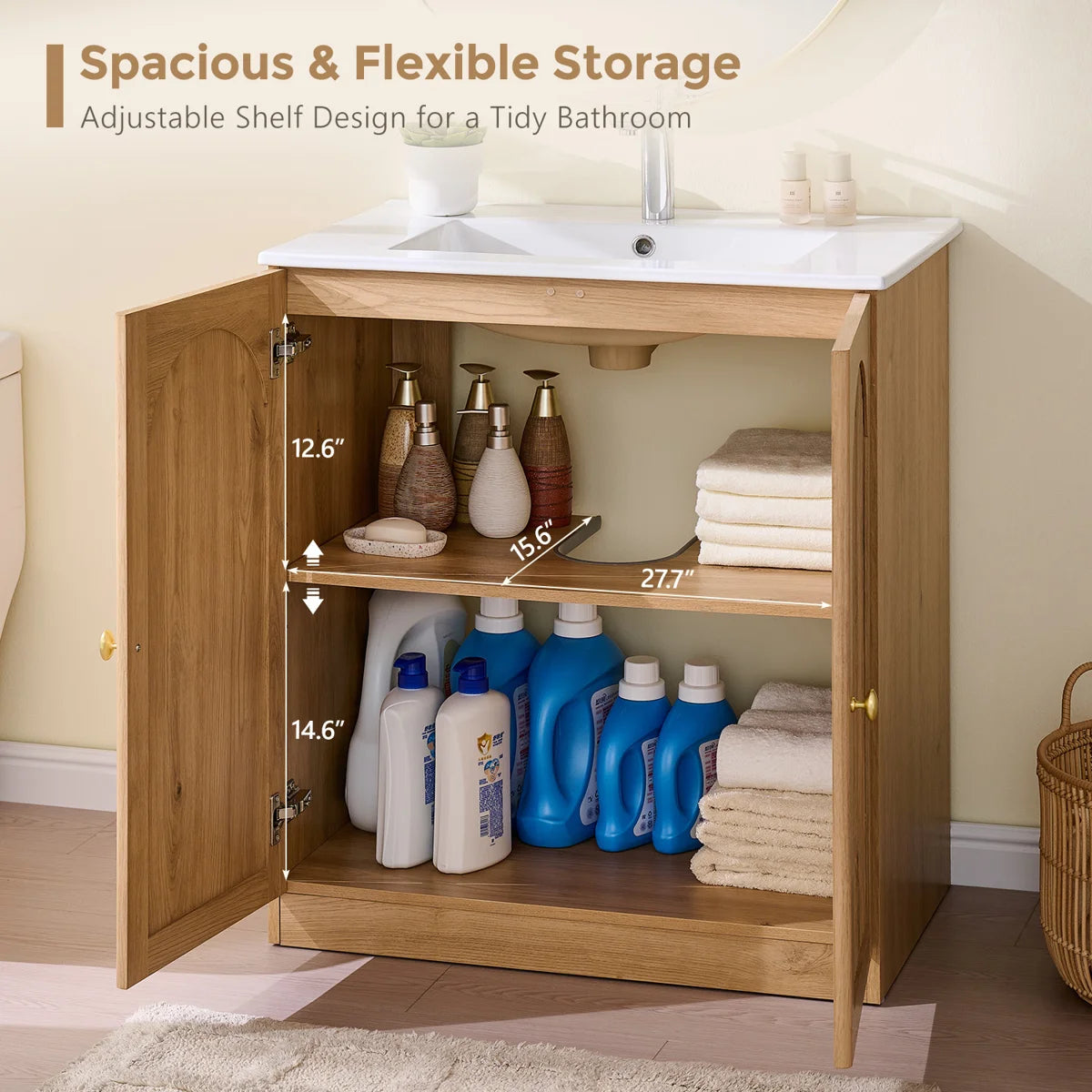 30 Inch Arched Fluted Bathroom Vanity with Ceramic Basin