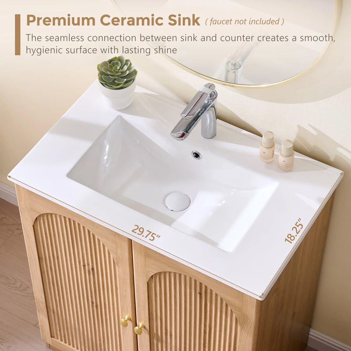 30 Inch Arched Fluted Bathroom Vanity with Ceramic Basin
