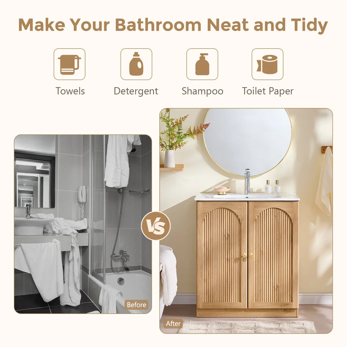 30 Inch Arched Fluted Bathroom Vanity with Ceramic Basin