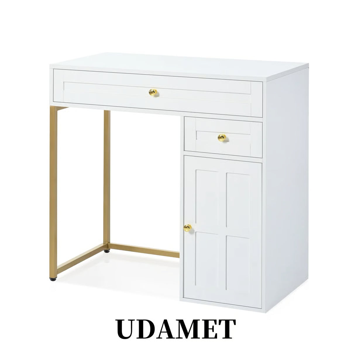 Stylish 31.5" White & Gold Makeup Vanity Desk with LED Mirror, 2 Drawers & Adjustable Shelf-OUCH CART |Dressing table
