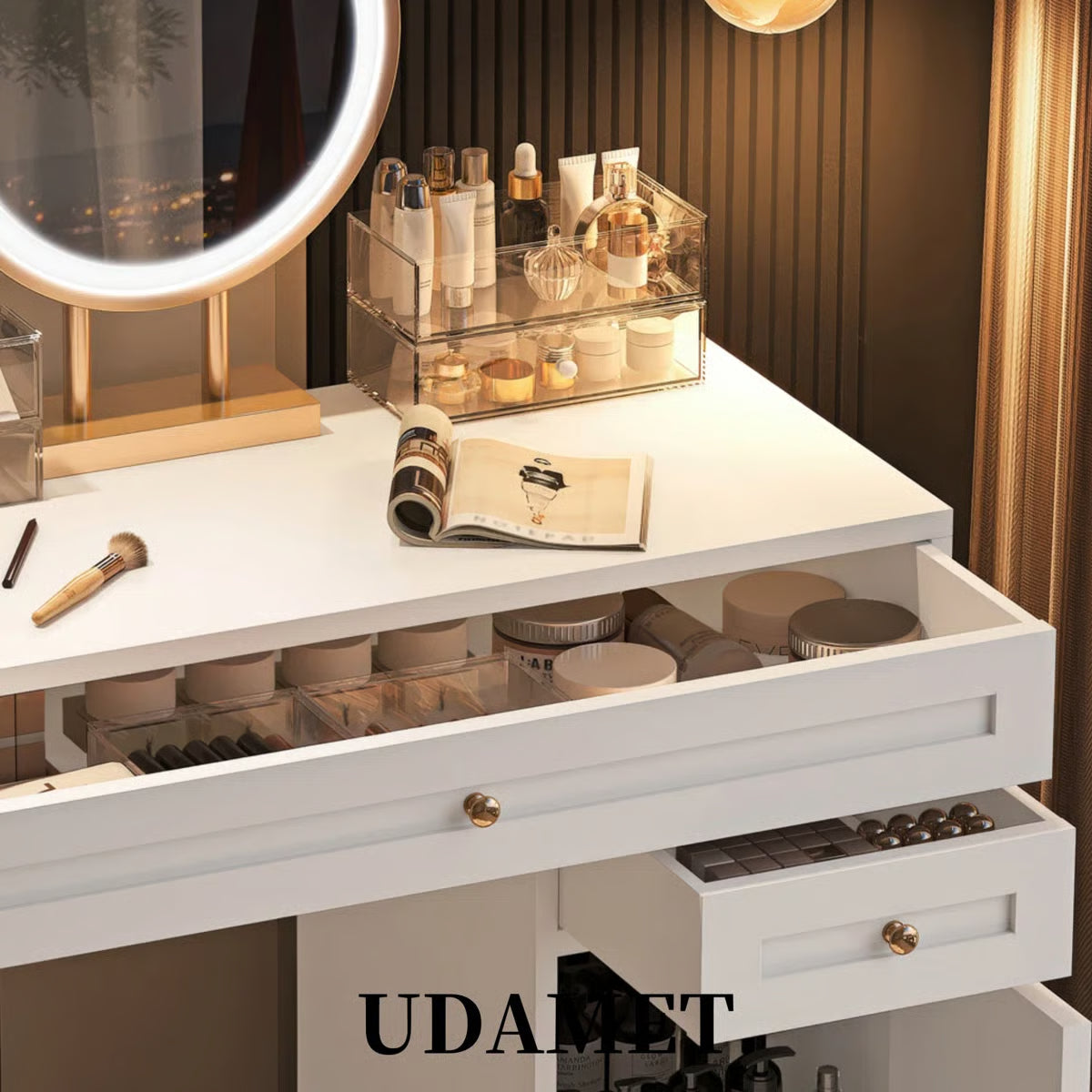 Stylish 31.5" White & Gold Makeup Vanity Desk with LED Mirror, 2 Drawers & Adjustable Shelf