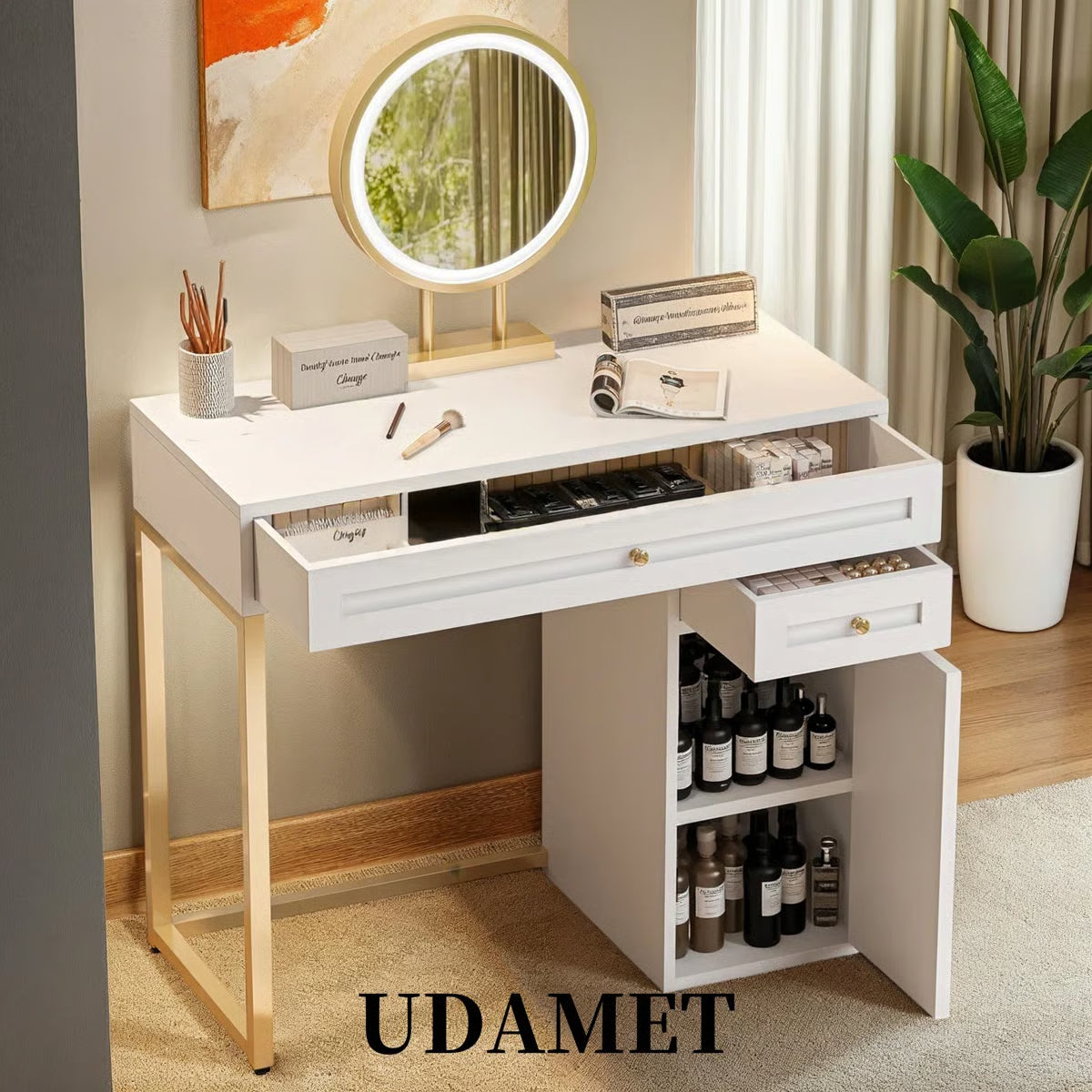 Stylish 31.5" White & Gold Makeup Vanity Desk with LED Mirror, 2 Drawers & Adjustable Shelf-OUCH CART |Dressing table