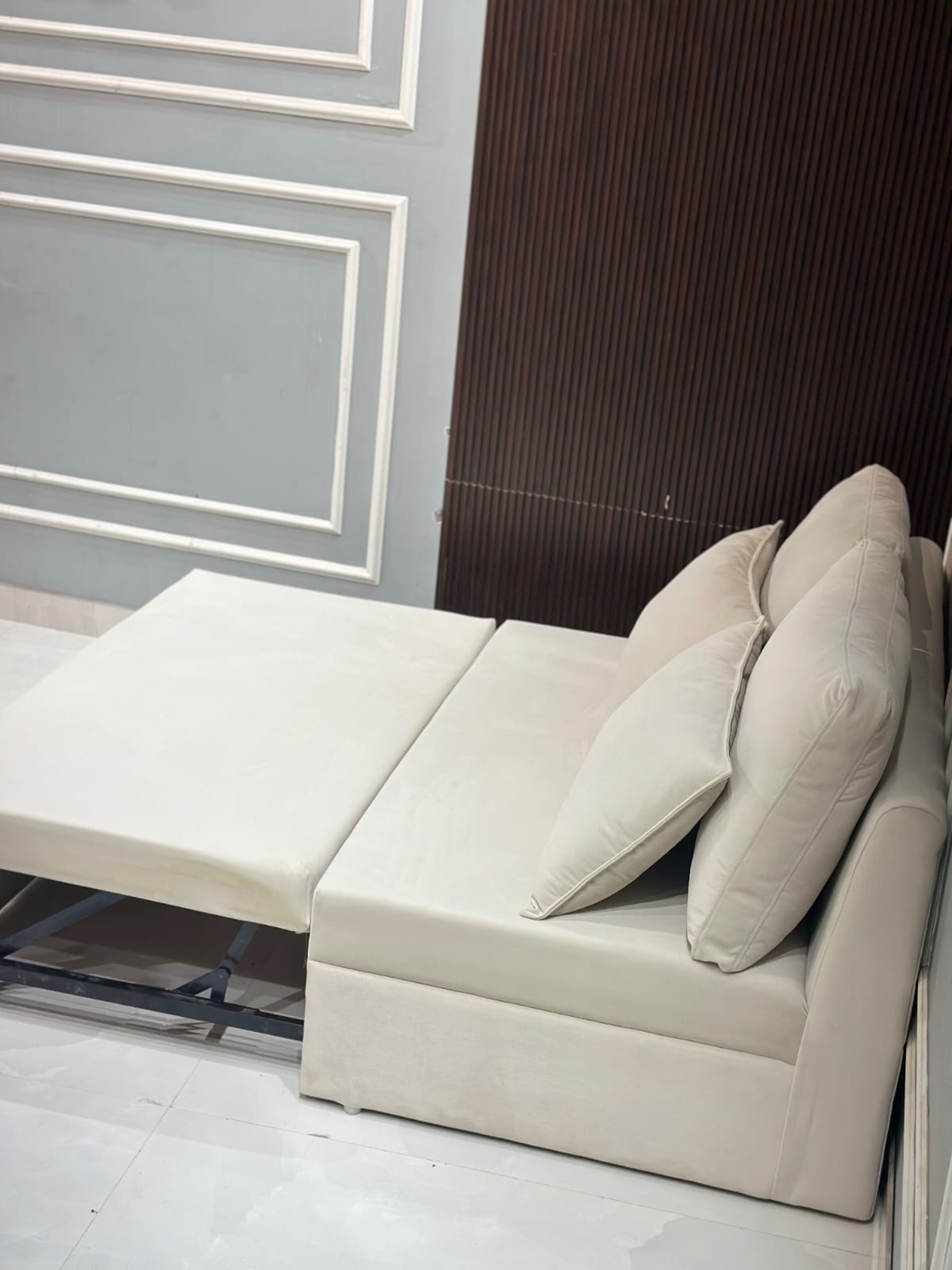 Premium Upholstered Sofa Cum Bed with Cushioned Backrest | Modern Space-Saving Fabric Sofa Bed