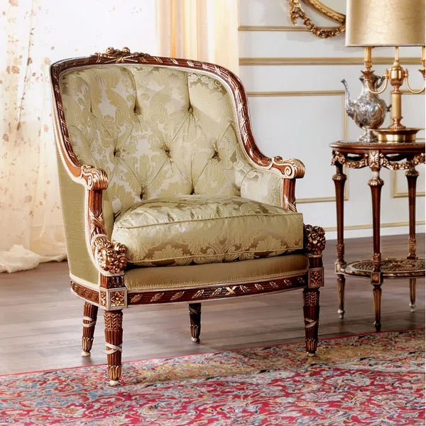 European Handcrafted Armchair in Cherry with Gold Leaf Accents