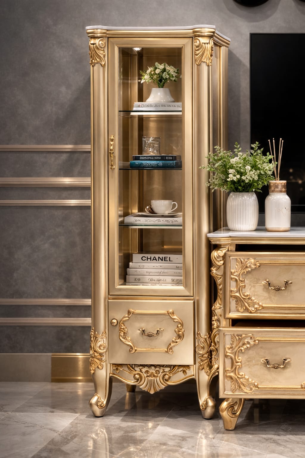 Luxury Royal Gold Finish TV Cabinet & Console Table with Storage Drawers