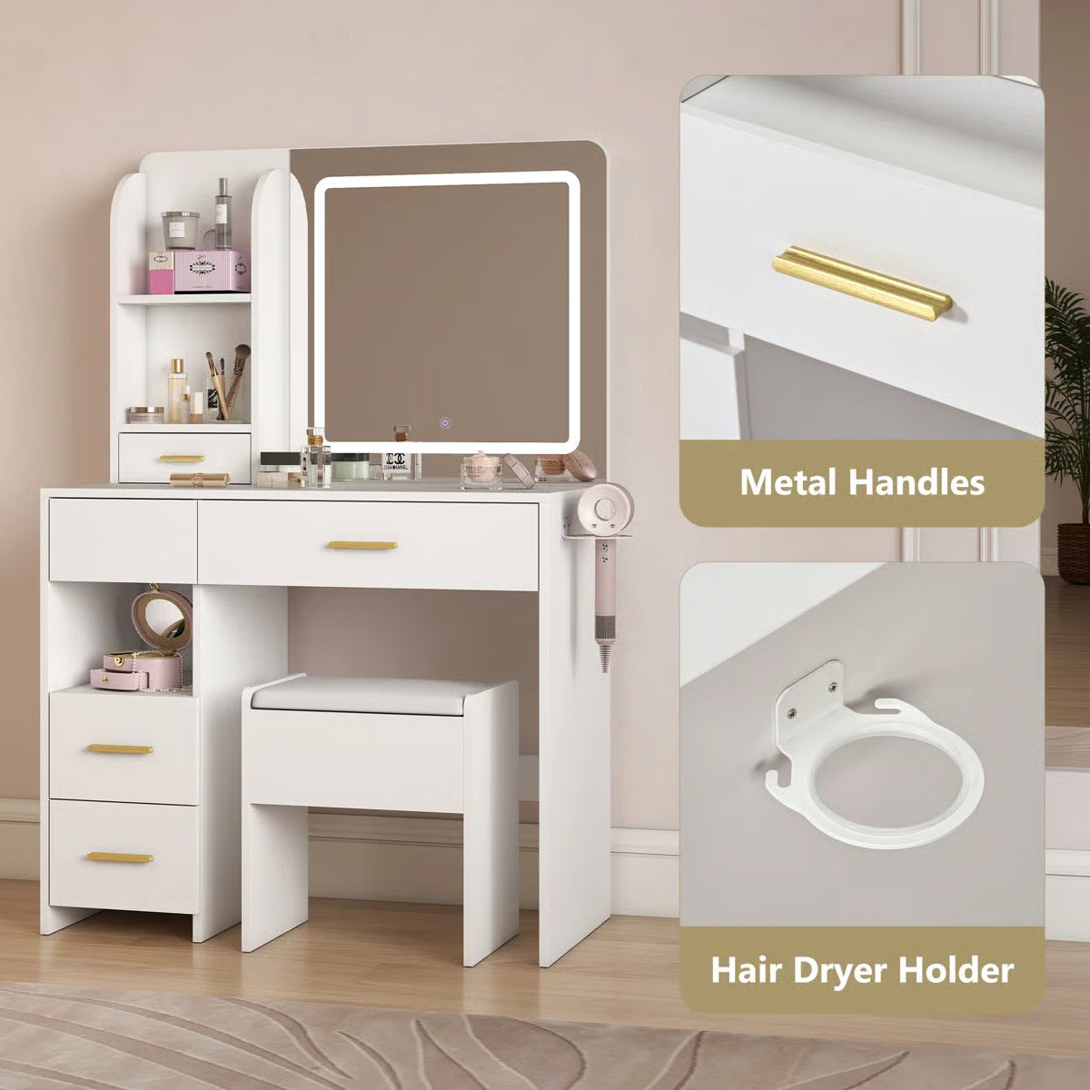 Stylish 35" Vanity Table with HD Mirror and 5 Drawers for Bedroom Decor