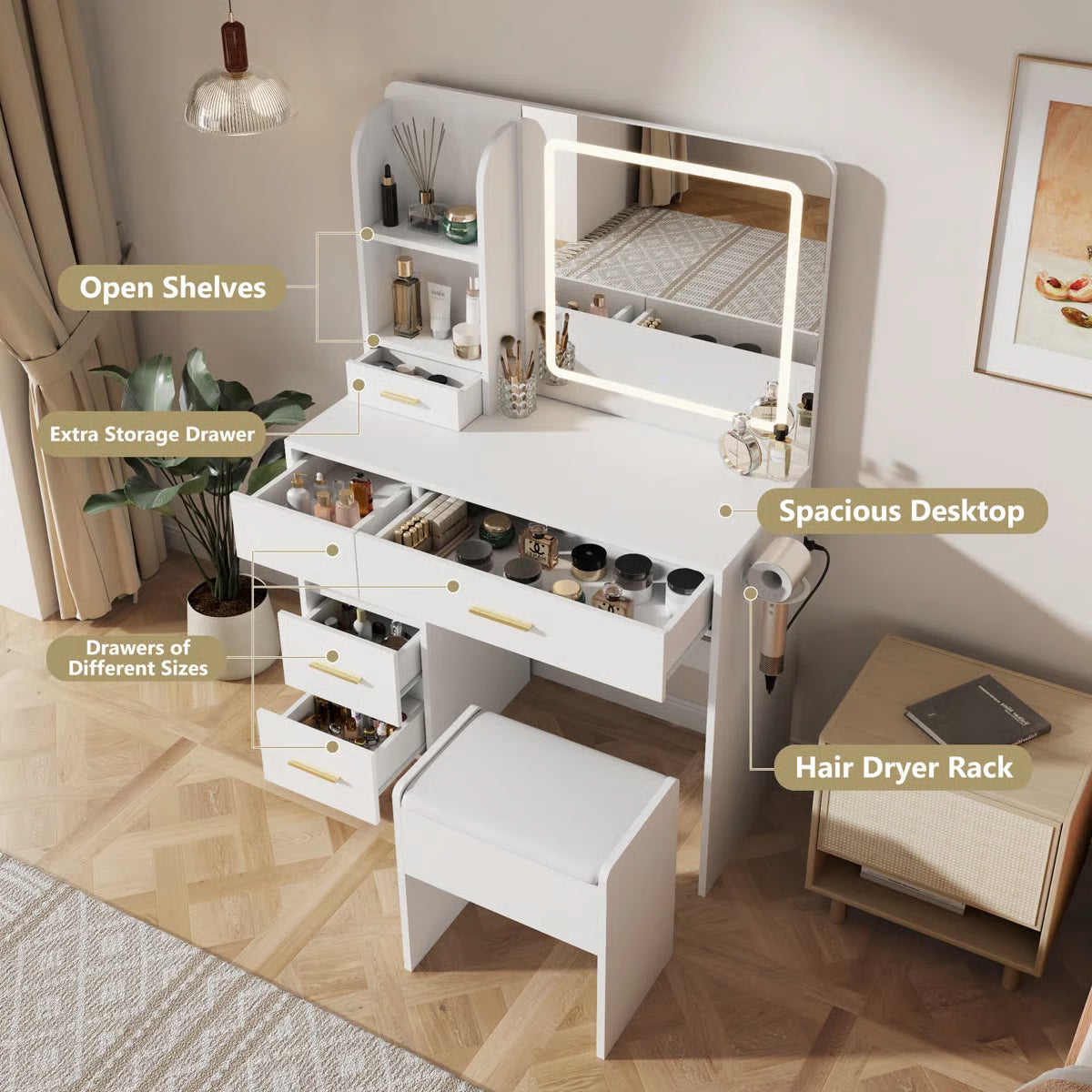 Stylish 35" Vanity Table with HD Mirror and 5 Drawers for Bedroom Decor