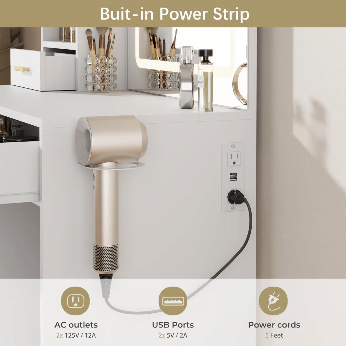 Stylish 35" Vanity Table with HD Mirror and 5 Drawers for Bedroom Decor