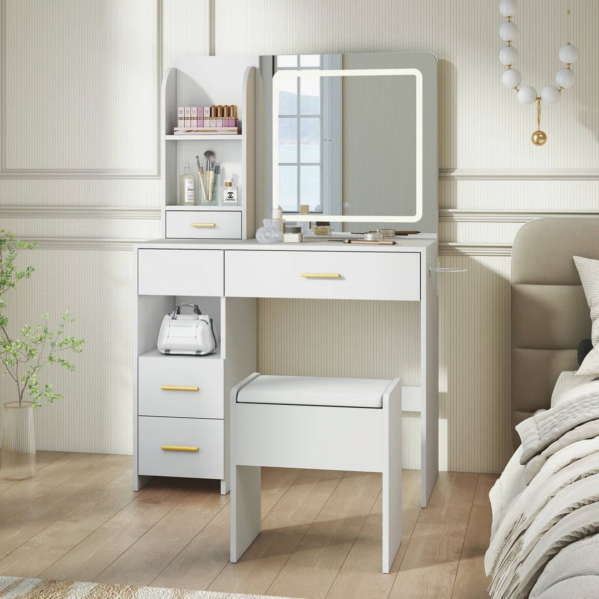 Stylish 35" Vanity Table with HD Mirror and 5 Drawers for Bedroom Decor