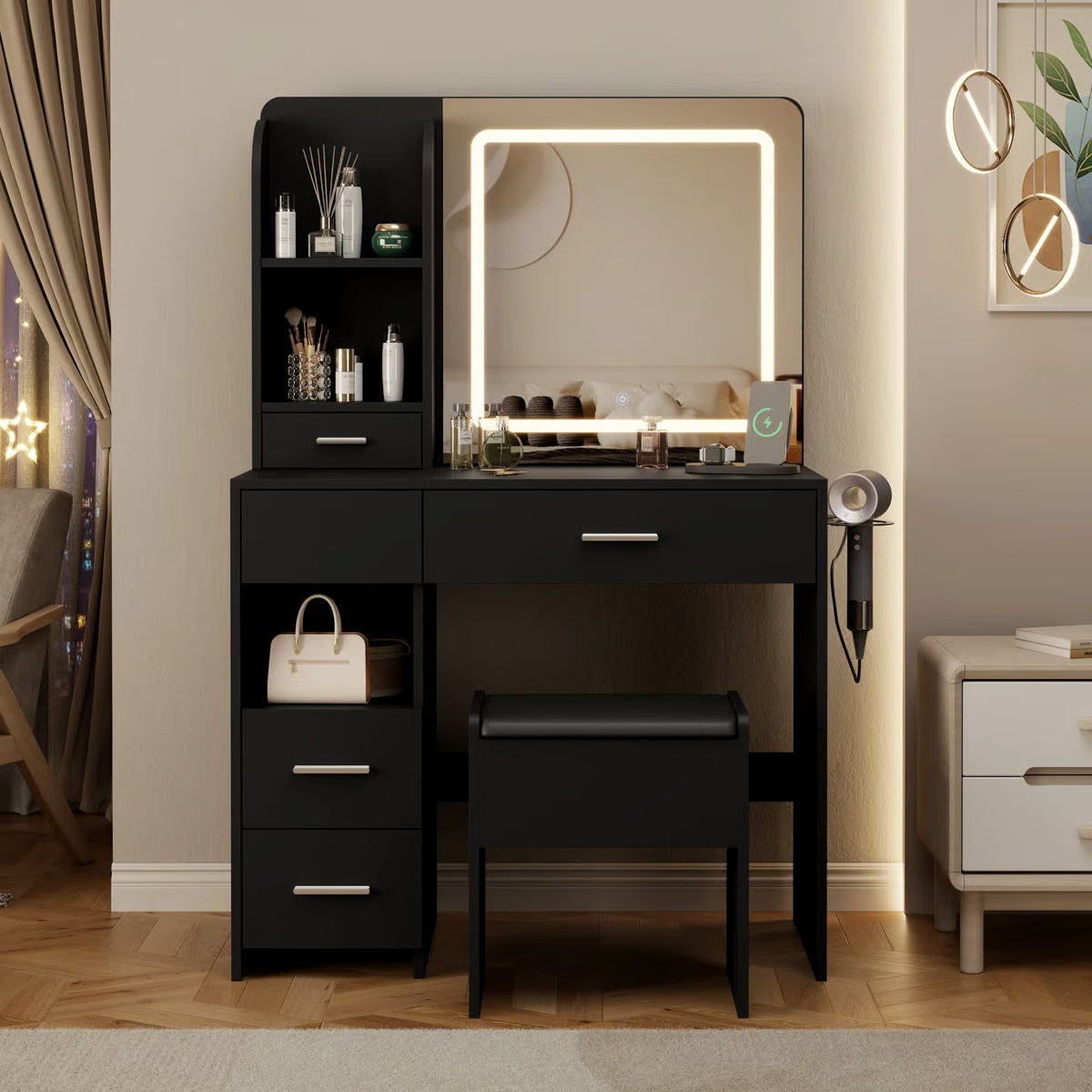 Stylish 35" Vanity Table with HD Mirror and 5 Drawers for Bedroom Decor