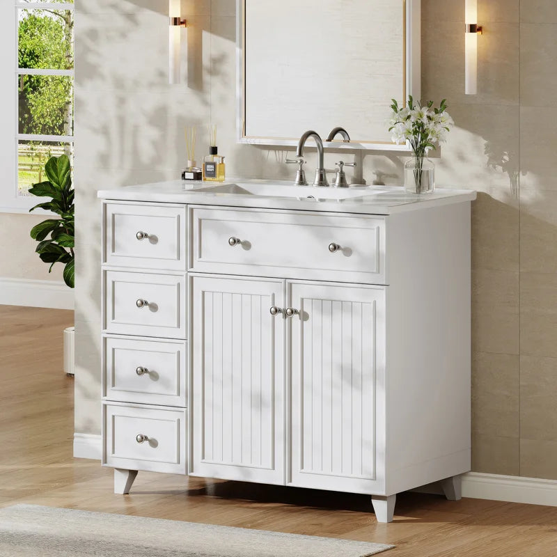 36 Inch White Bathroom Vanity with Ceramic Basin | Fox Marvel