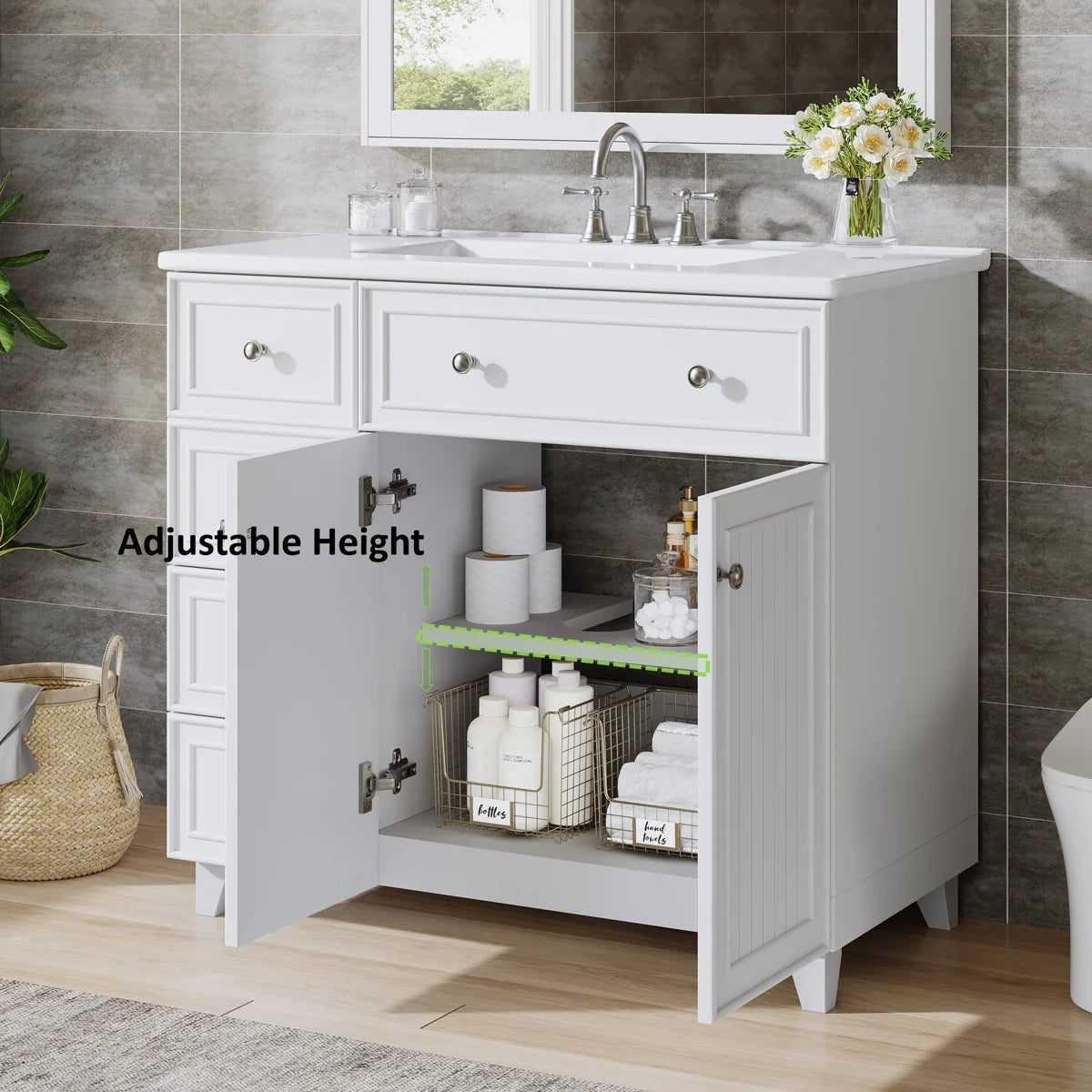 36 Inch White Bathroom Vanity with Ceramic Basin | Fox Marvel