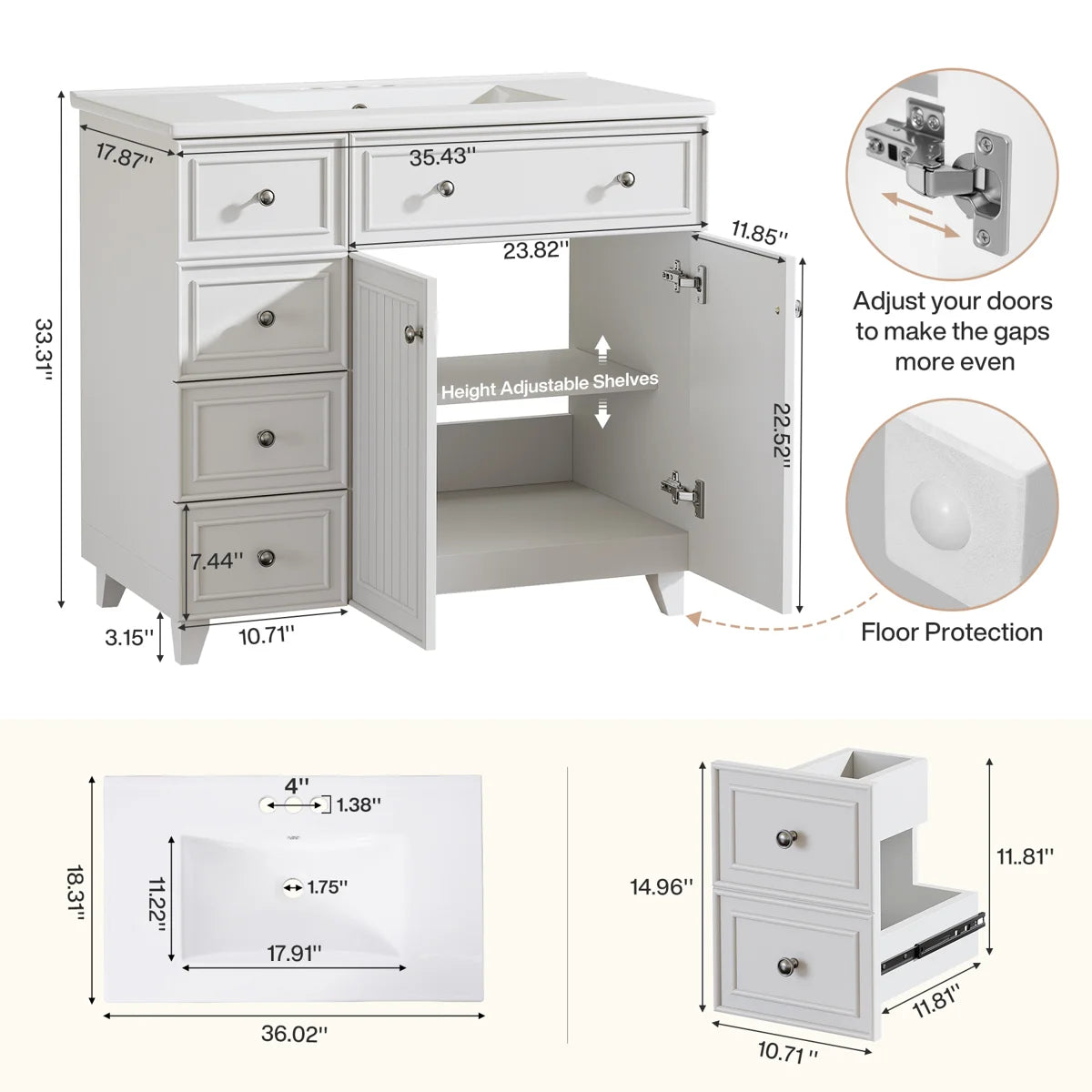 36 Inch White Bathroom Vanity with Ceramic Basin | Fox Marvel