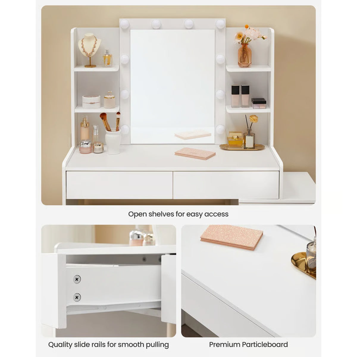 Modern Bedroom Vanity Desk 39.4'' Wide with LED Mirror and 6 Drawers - OUCH CART | Dressing table 
