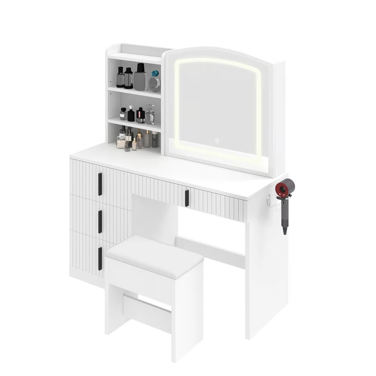 39.5" Fluted Vanity Desk – Makeup Table with Mirror & Storage Cushion Stool Set