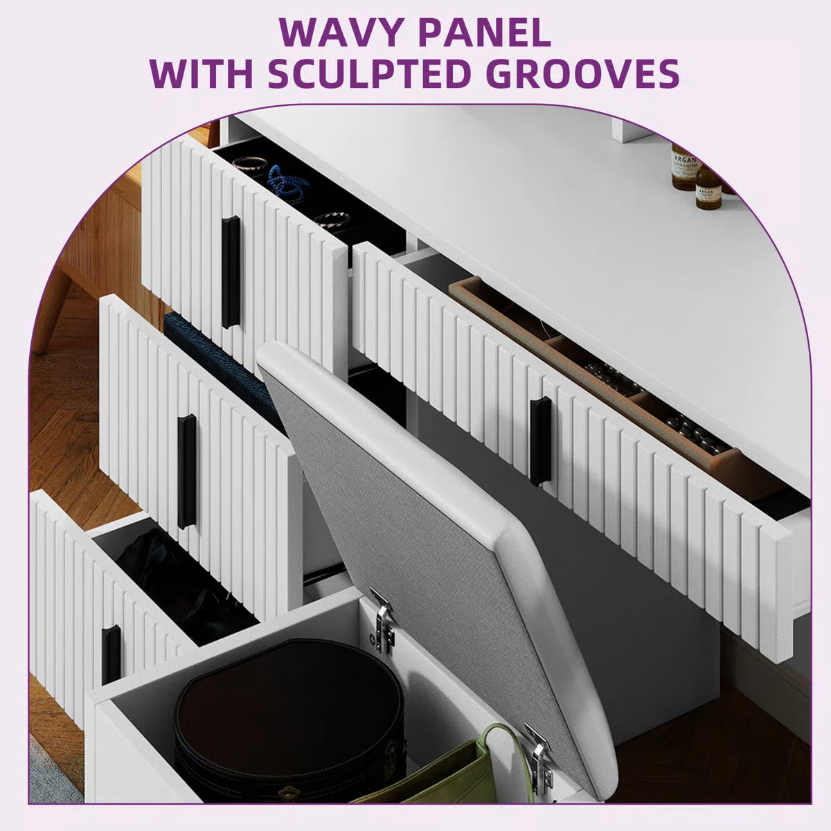 39.5" Fluted Vanity Desk – Makeup Table with Mirror & Storage Cushion Stool Set