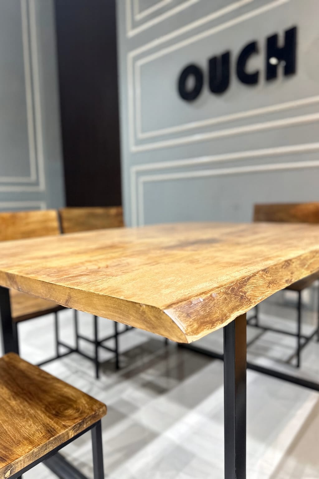 Solid Wood Industrial Dining Table Set with Bench & Chairs | Rustic Modern Design (6-Seater)