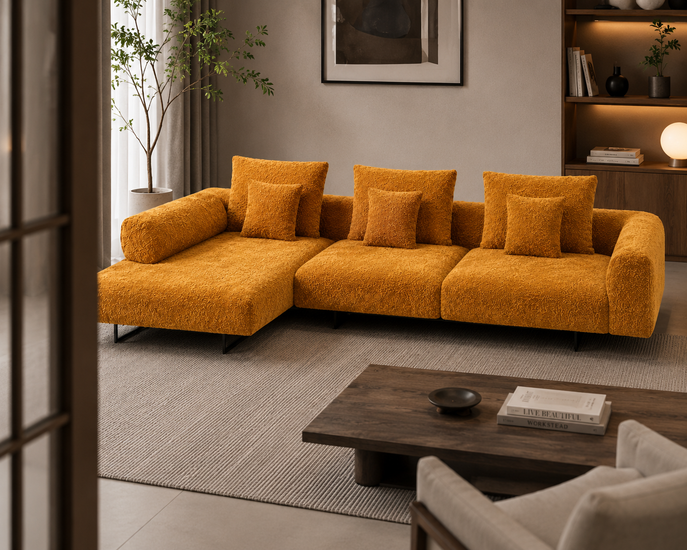 Modern Mustard Bouclé Sectional Sofa | Luxury Modular Fabric Sofa with Metal Legs | Contemporary Living Room Couch