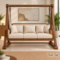3 Seater Wooden Swing Sofa with Stand | Solid Wood Hanging Jhula with Cushioned Seat, Cane Side Panels & Metal Chains for Living Room