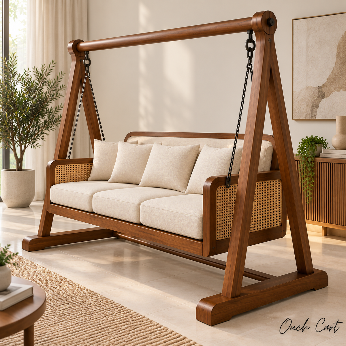 3 Seater Wooden Swing Sofa with Stand | Solid Wood Hanging Jhula with Cushioned Seat, Cane Side Panels & Metal Chains for Living Room