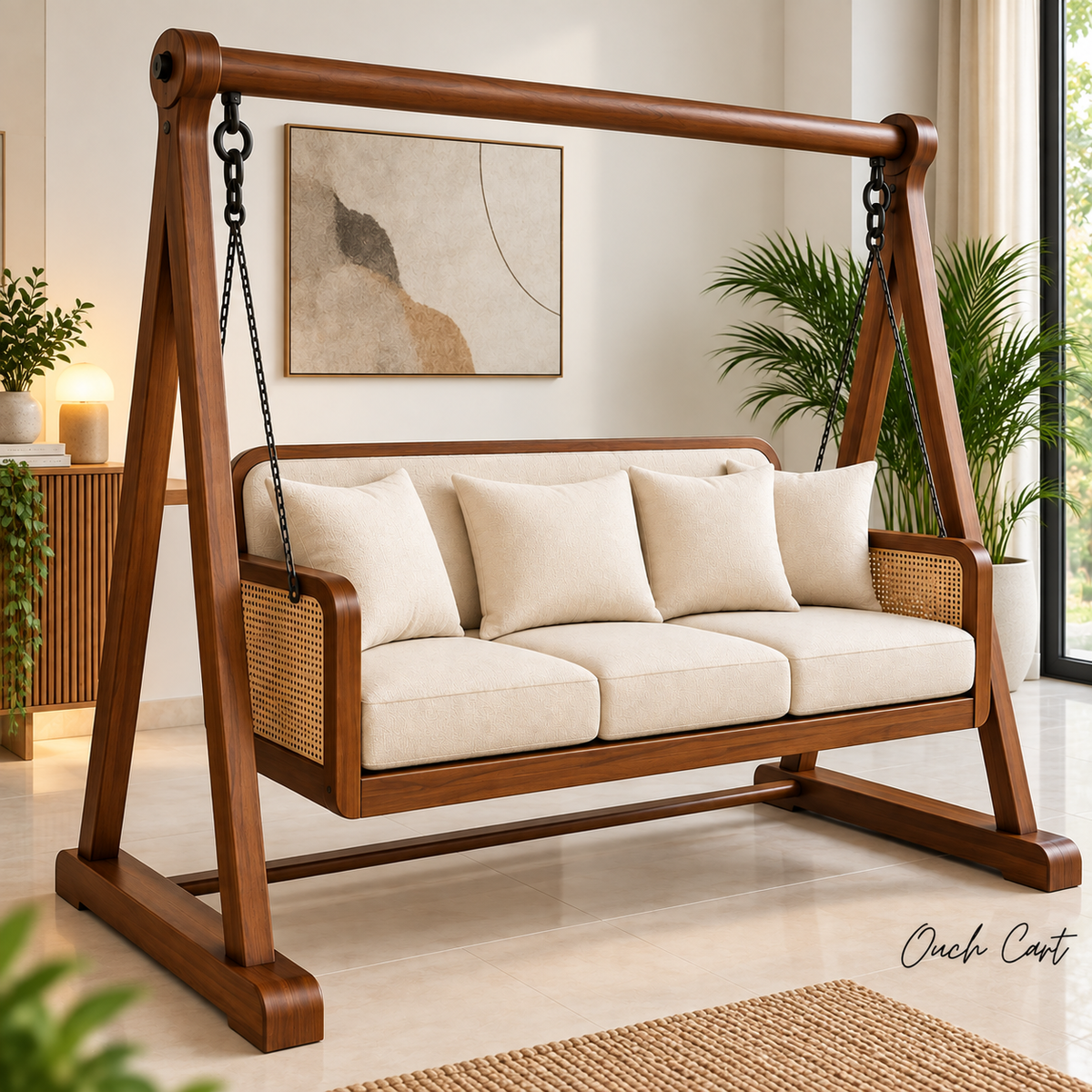 3 Seater Wooden Swing Sofa with Stand | Solid Wood Hanging Jhula with Cushioned Seat, Cane Side Panels & Metal Chains for Living Room