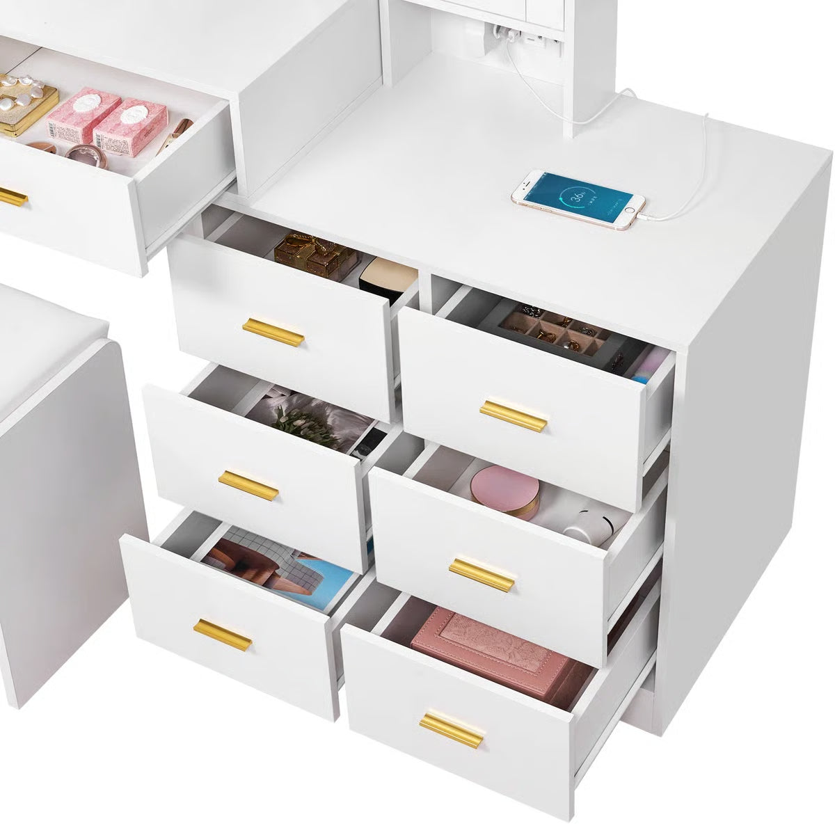 Adriel 51.8" Modern Makeup Vanity with Mirror, LED Lights, and RGB Cabinet Storage-OUCH CART| Dressing table