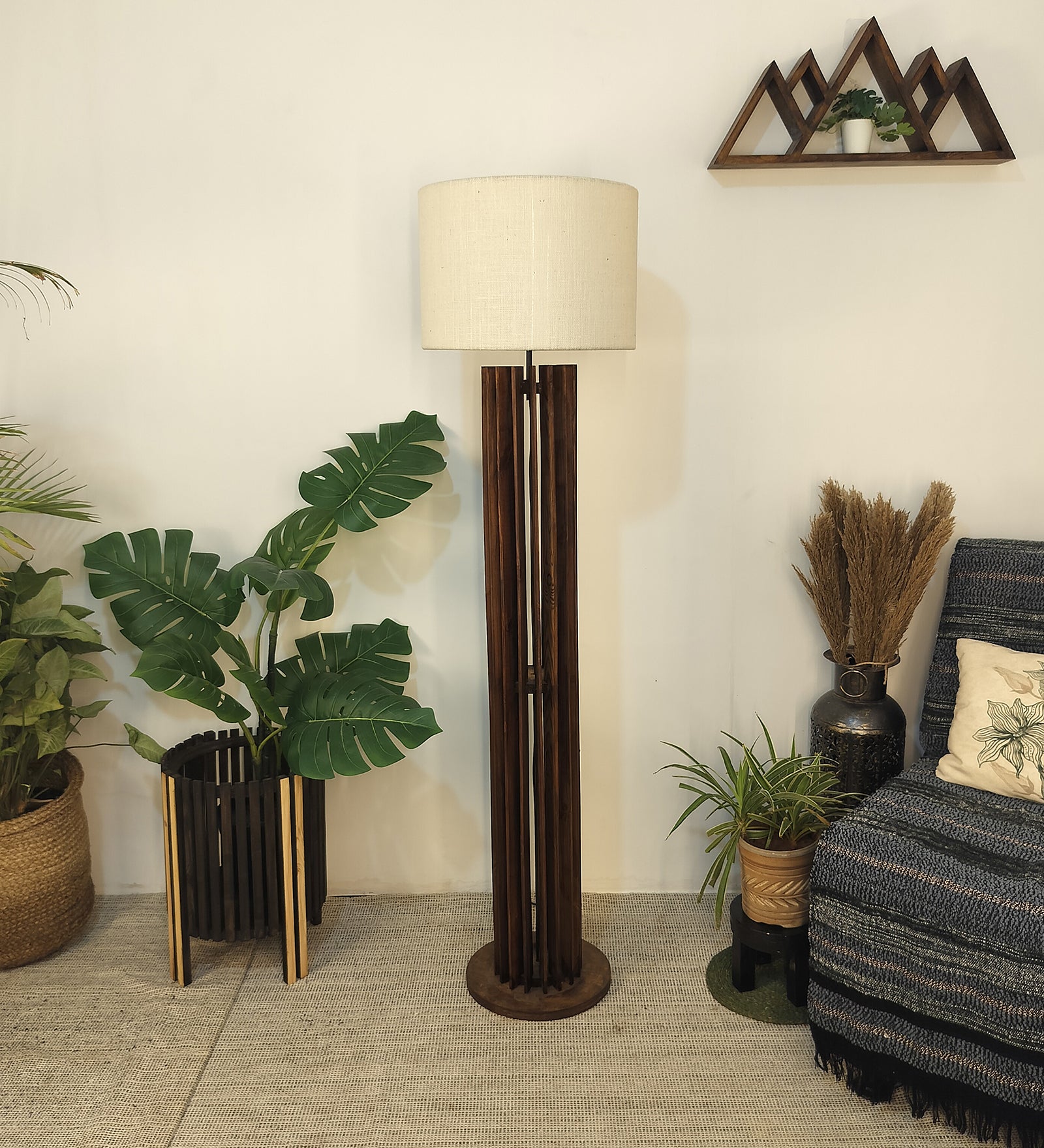 Ventus Wooden Floor Lamp with Premium Beige Fabric Lampshade (BULB NOT INCLUDED)