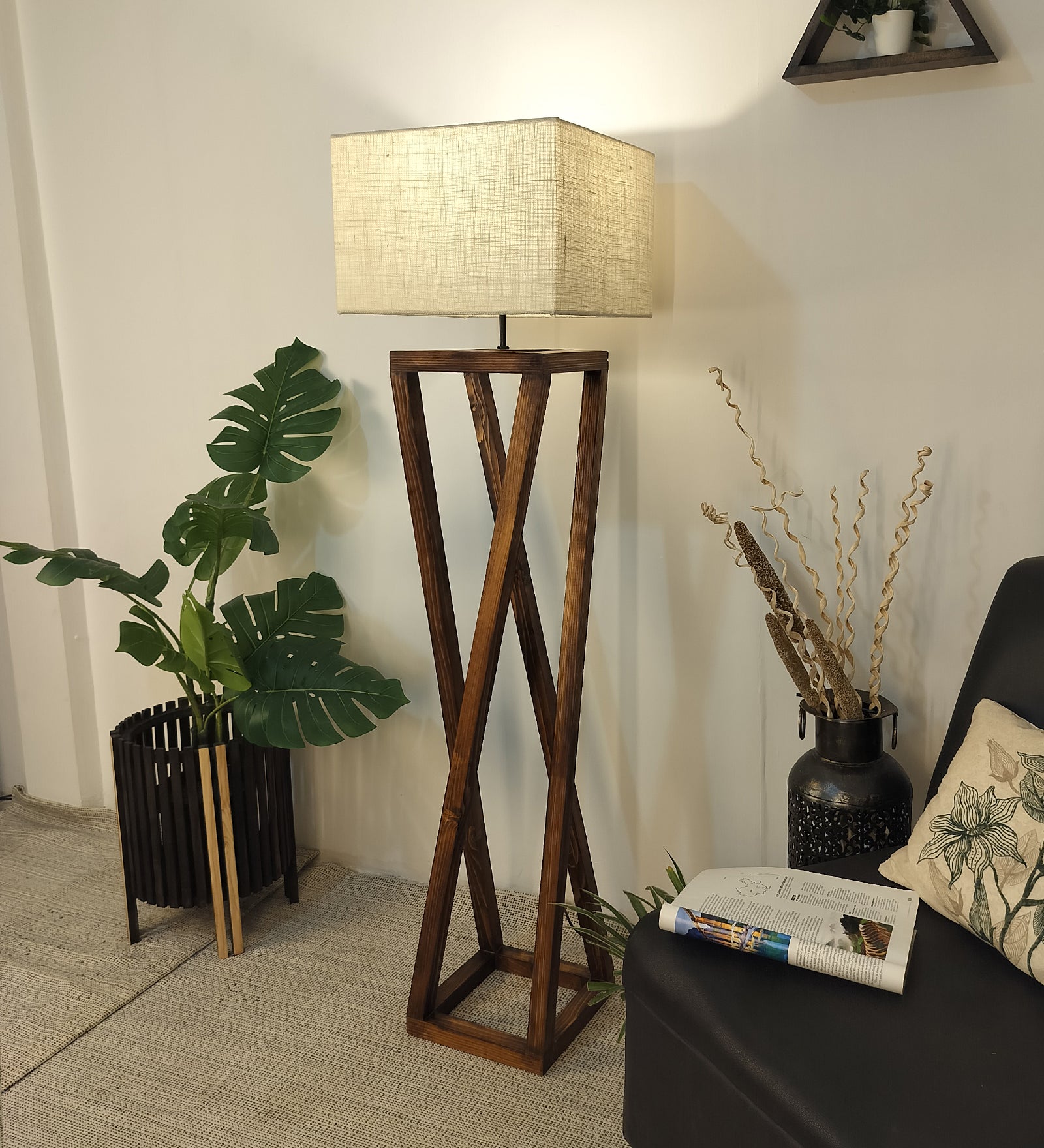 Remy Wooden Floor Lamp with Brown Base and Beige Fabric Lampshade (BULB NOT INCLUDED)