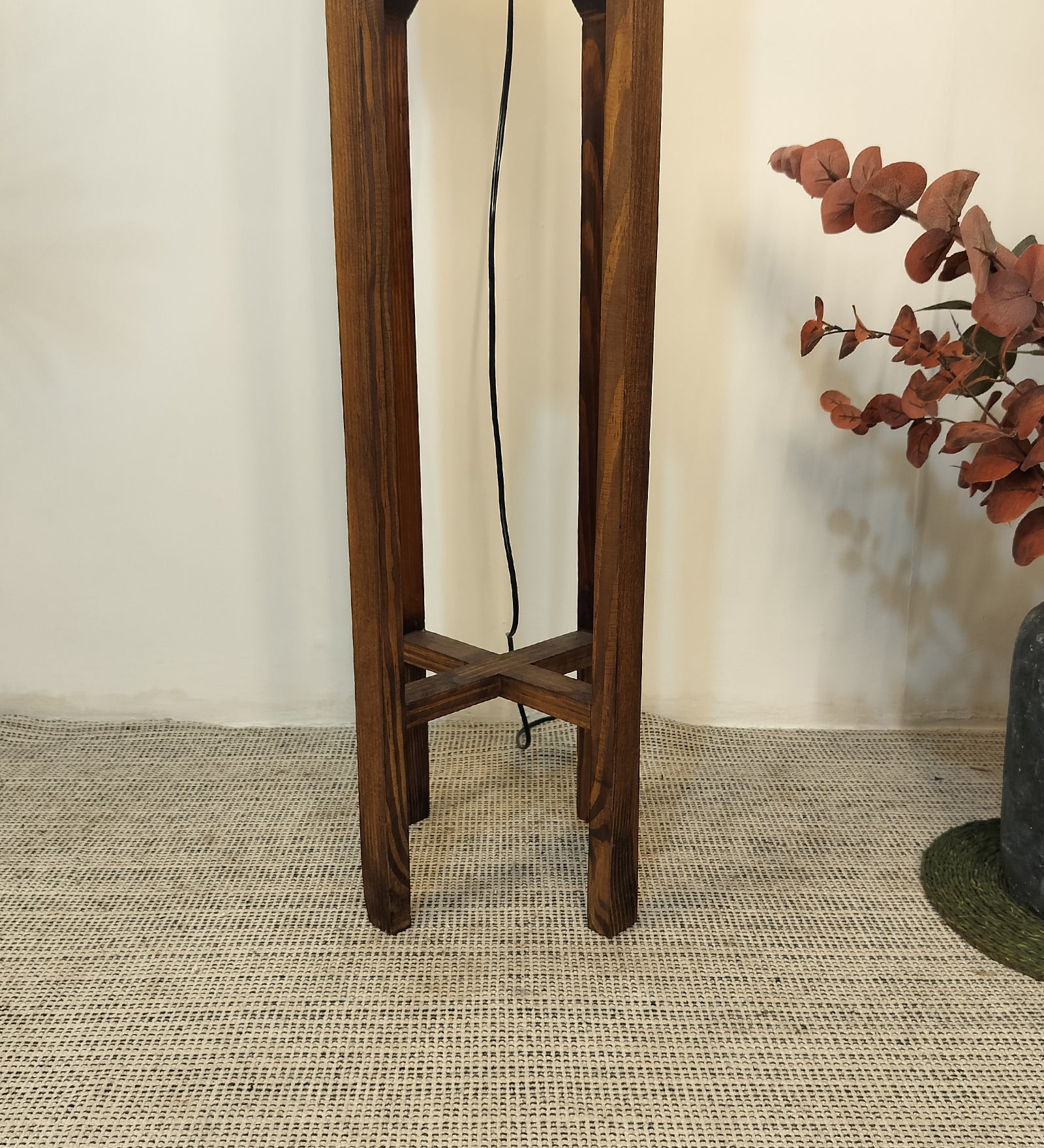 Sputnik Wooden Floor Lamp with Brown Base and Beige Fabric Lampshade (BULB NOT INCLUDED)