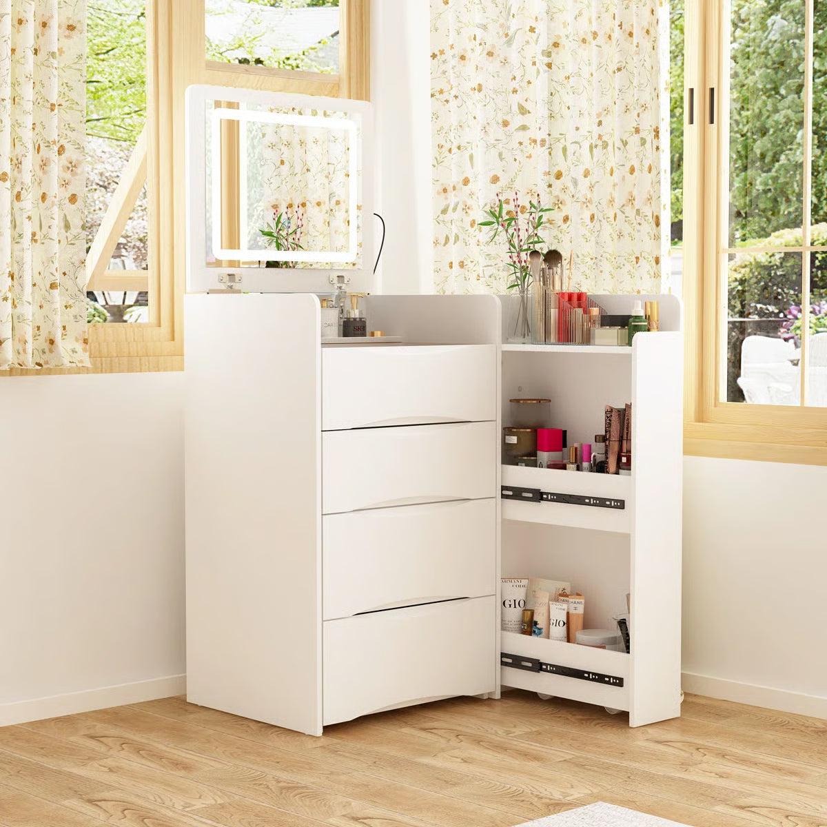 Space-Saving 3-in-1 Vanity Table – Flip Top Mirror and Side Cabinet Organizer-OUCH CART |Dressing table