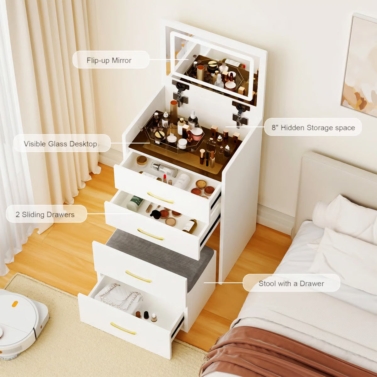 3-in-1 Vanity Table with Open Top Mirror – Makeup Desk for Bedroom