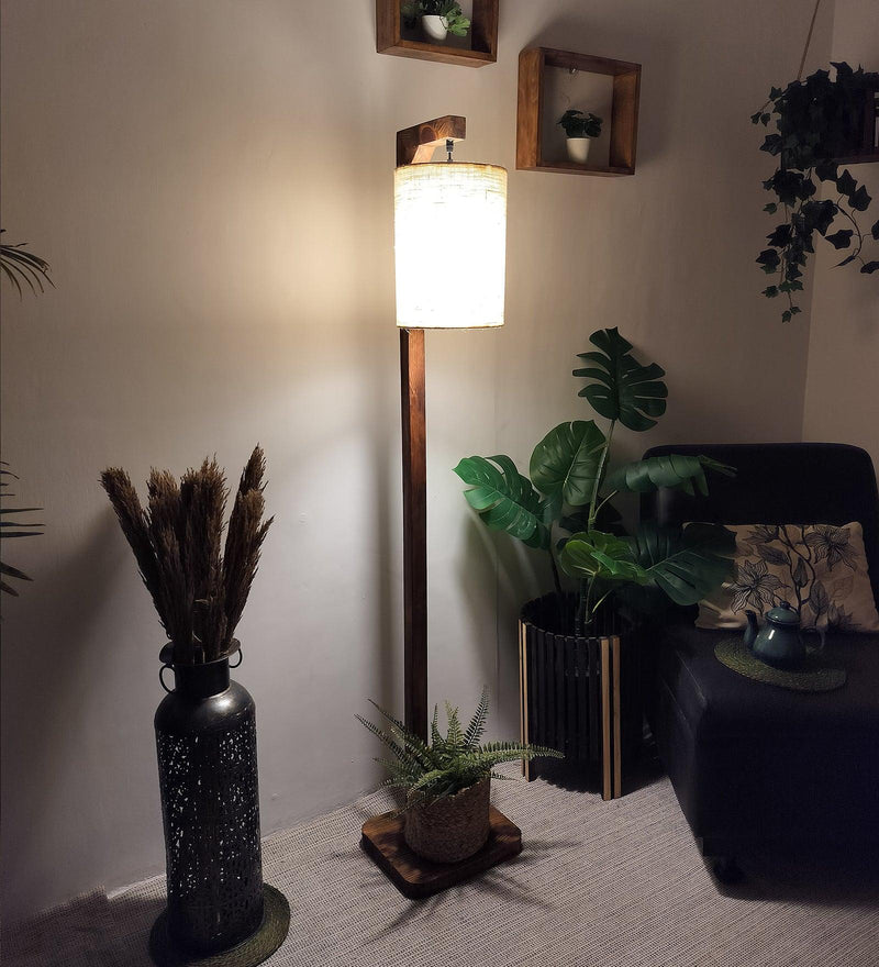 3_dbc9543a-fc20-4d53-880e-4f04c7bca775.jpg Elementary Wooden Floor Lamp with Brown Base and White Fabric Lampshade (BULB NOT INCLUDED) - Image 1