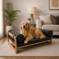 Modern Wooden Dog Bed with Plush Cushion & Bolster Pillows