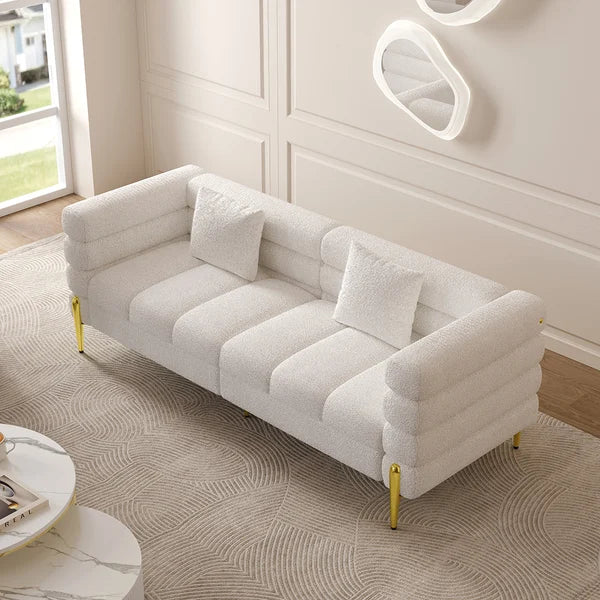 White Boucle Upholstered Fluted 3 Seater Sofa