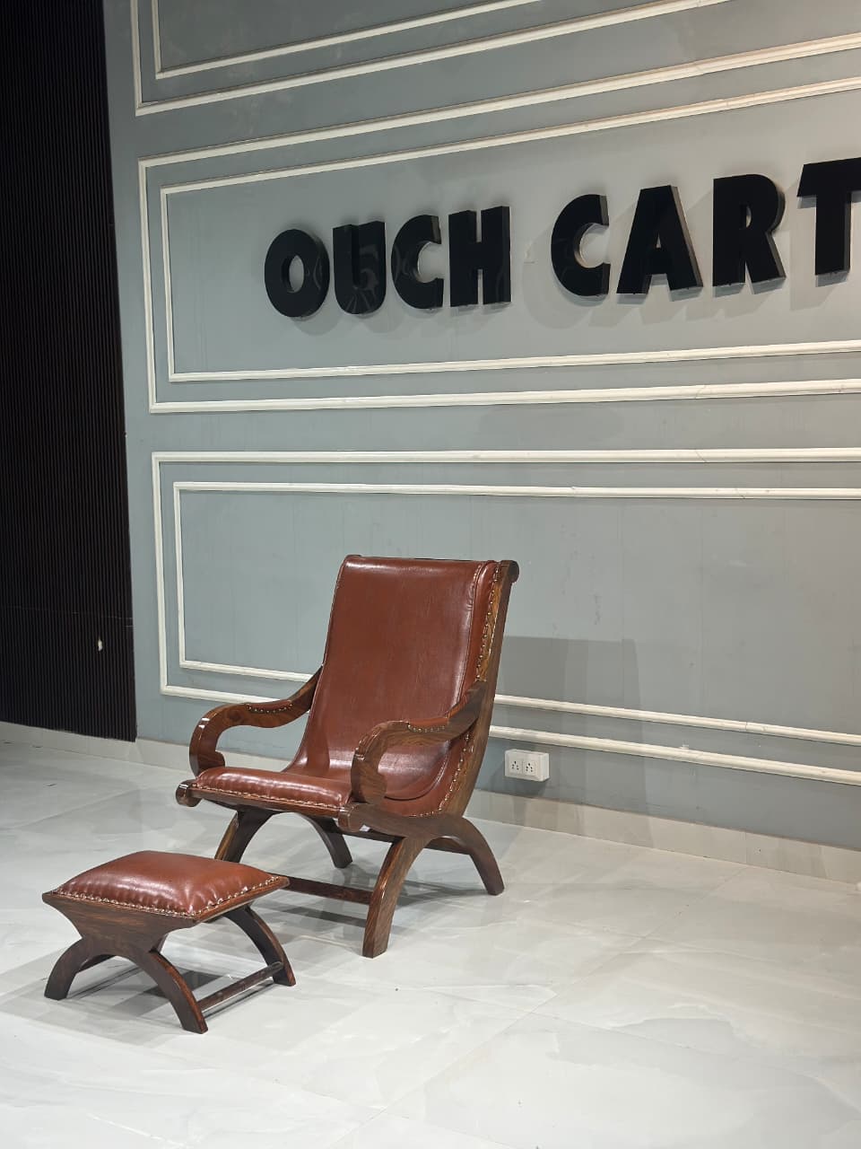 Teak Wood Armchair Lounge Chair with Ottoman