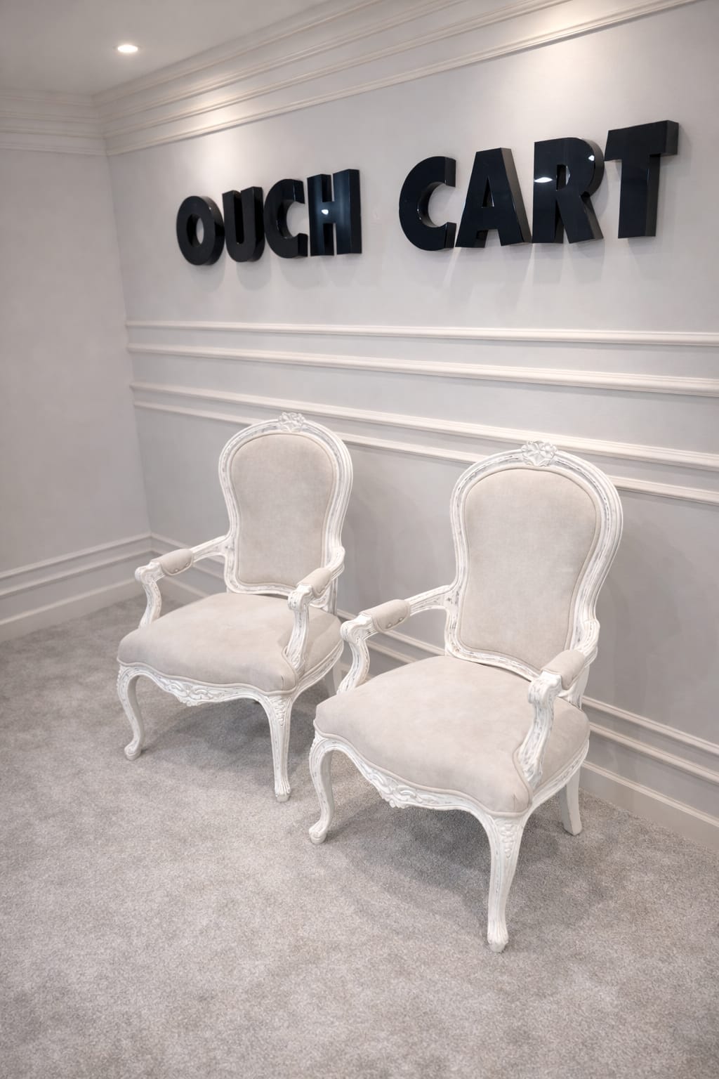 Ouch Cart Elegant French Style Upholstered Accent Chair – Vintage White Carved Wood Armchair for Living Room & Bedroom