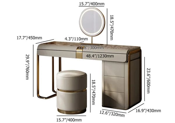 Leonie Modern Gray Makeup Vanity Set with Side Cabinet Dressing Table with Mirror & Stool, Makeup Vanity Desk with Mirror and Bedroom Dressing Table Set with 5 Drawers for Women/Girls