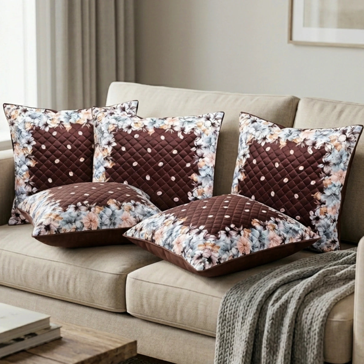Premium Quilted Holland Velvet Cushion Covers, Coffee Floral, 16 x 16 Inch, Set of 5