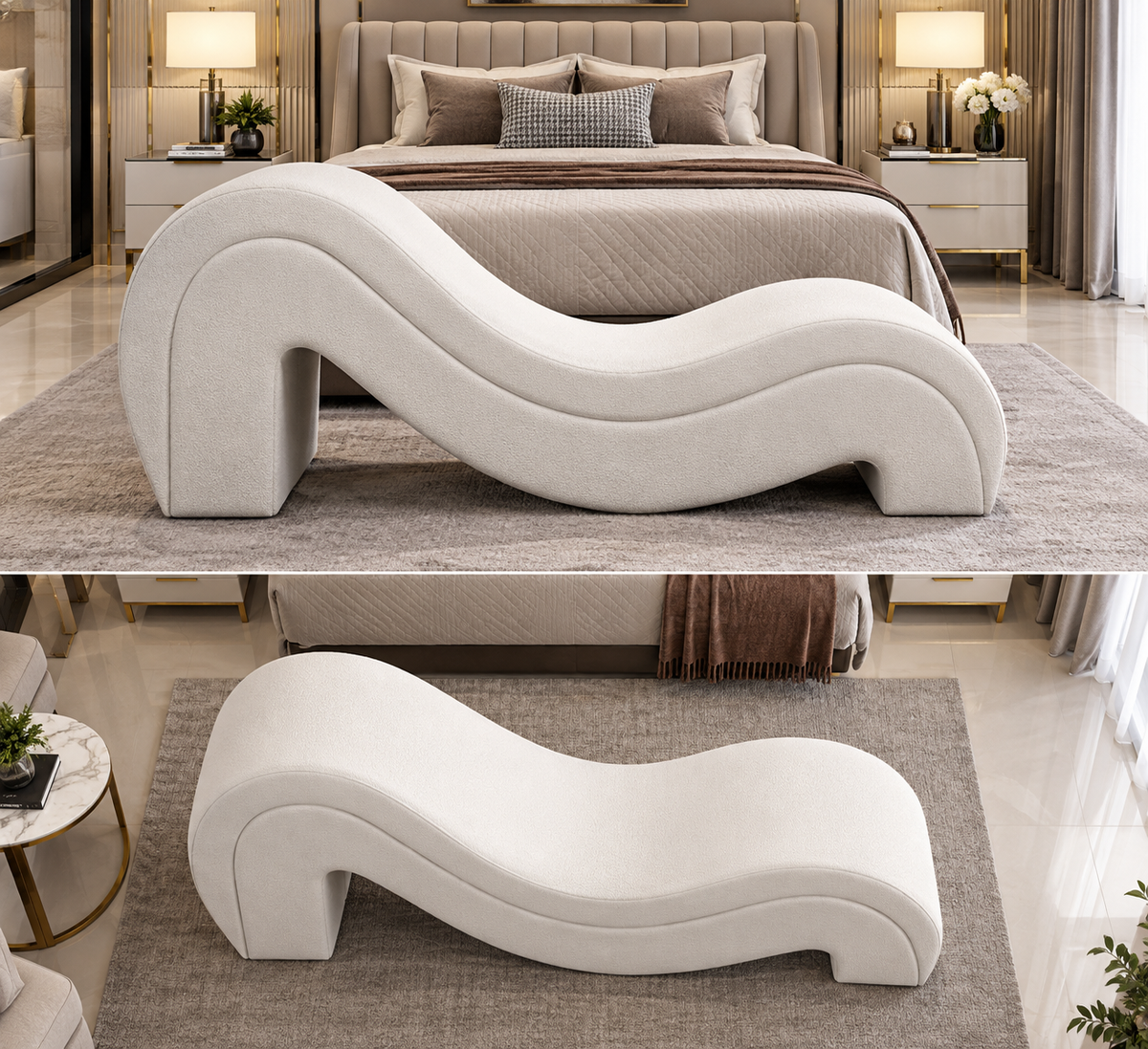 Luxury S-Shaped Chaise Lounge | Modern Cream Bouclé Daybed for Bedroom & Living Room
