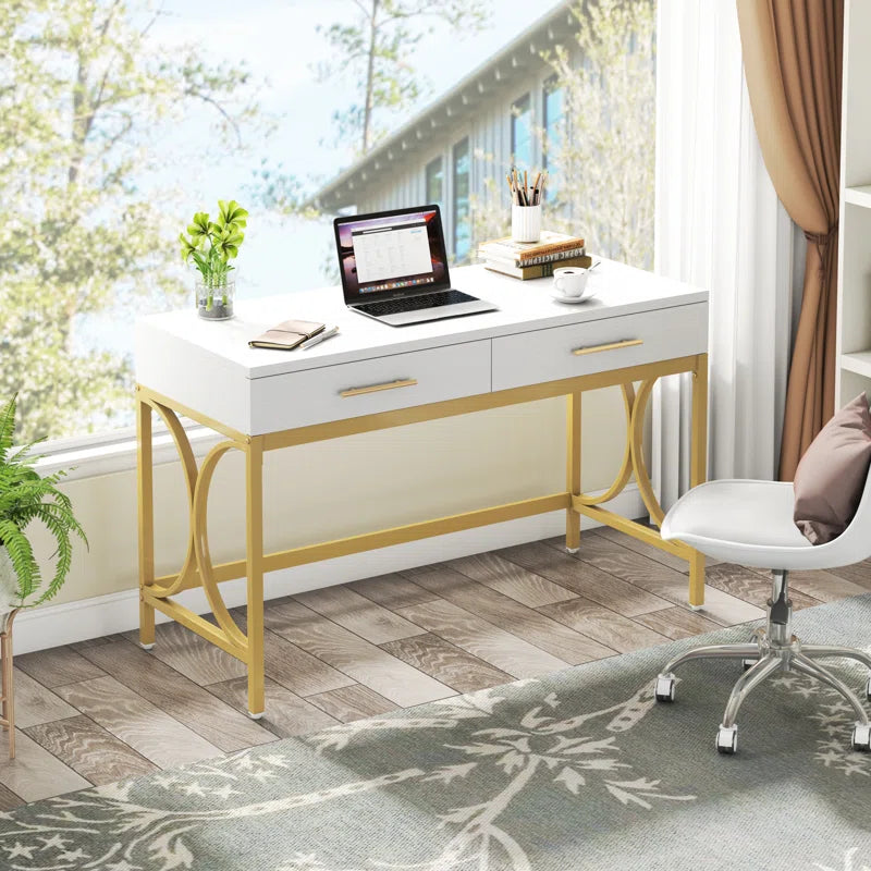 Computer Desk With Two Drawers, White and Gold Modern Study Writing Desk