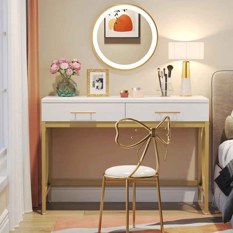 Computer Desk With Two Drawers, White and Gold Modern Study Writing Desk